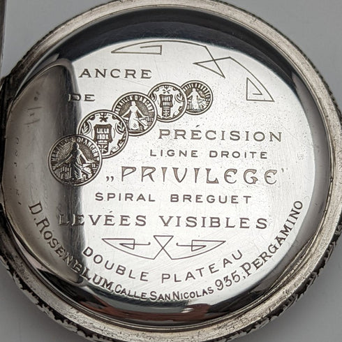 Antique Swiss PRIVILEGE bowling engraving silver side pocket watch in good working order